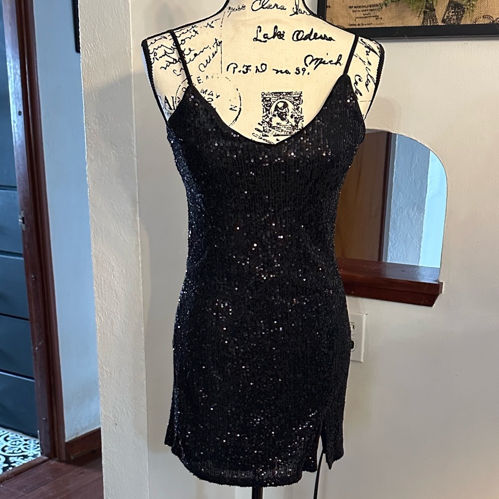 Black Sequin Slip Dress